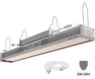 PHOTOBIO TX2 800W LED grow light, white cord, and 208-240V plug icon.