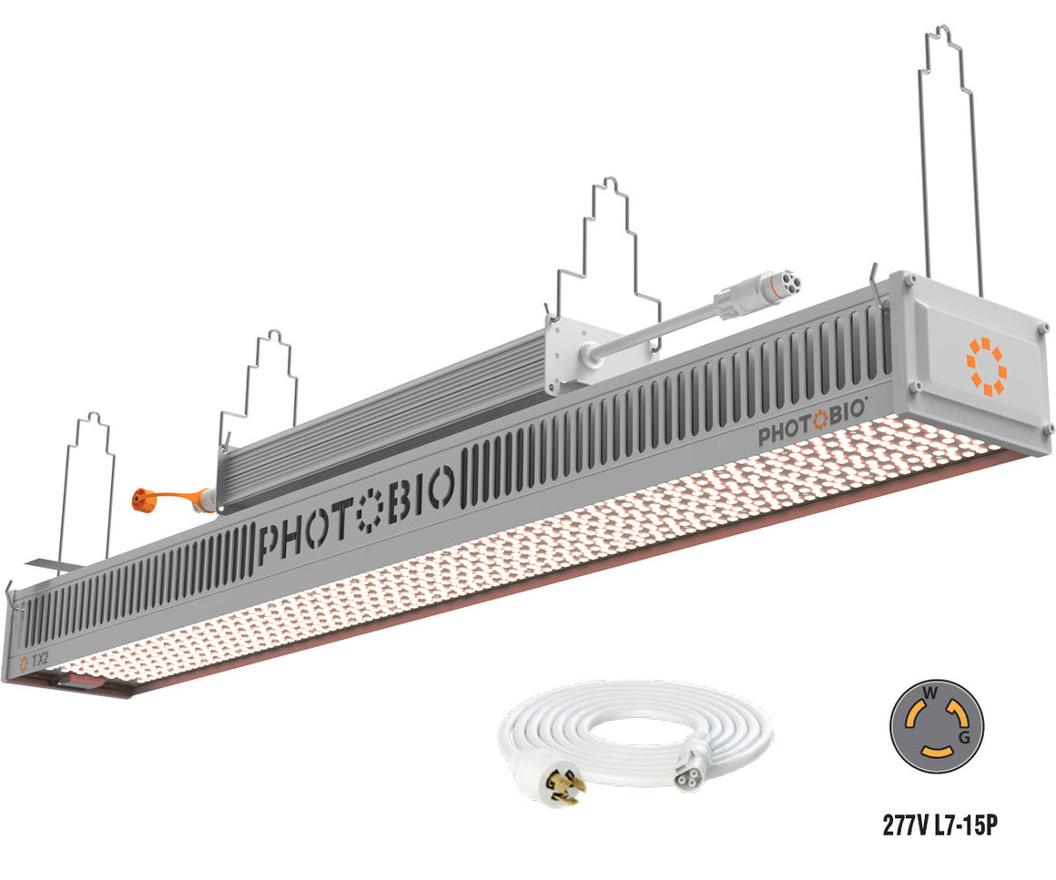 PHOTO BIO TX2 800W LED grow light with 277V L7-15P plug and hanging kit.