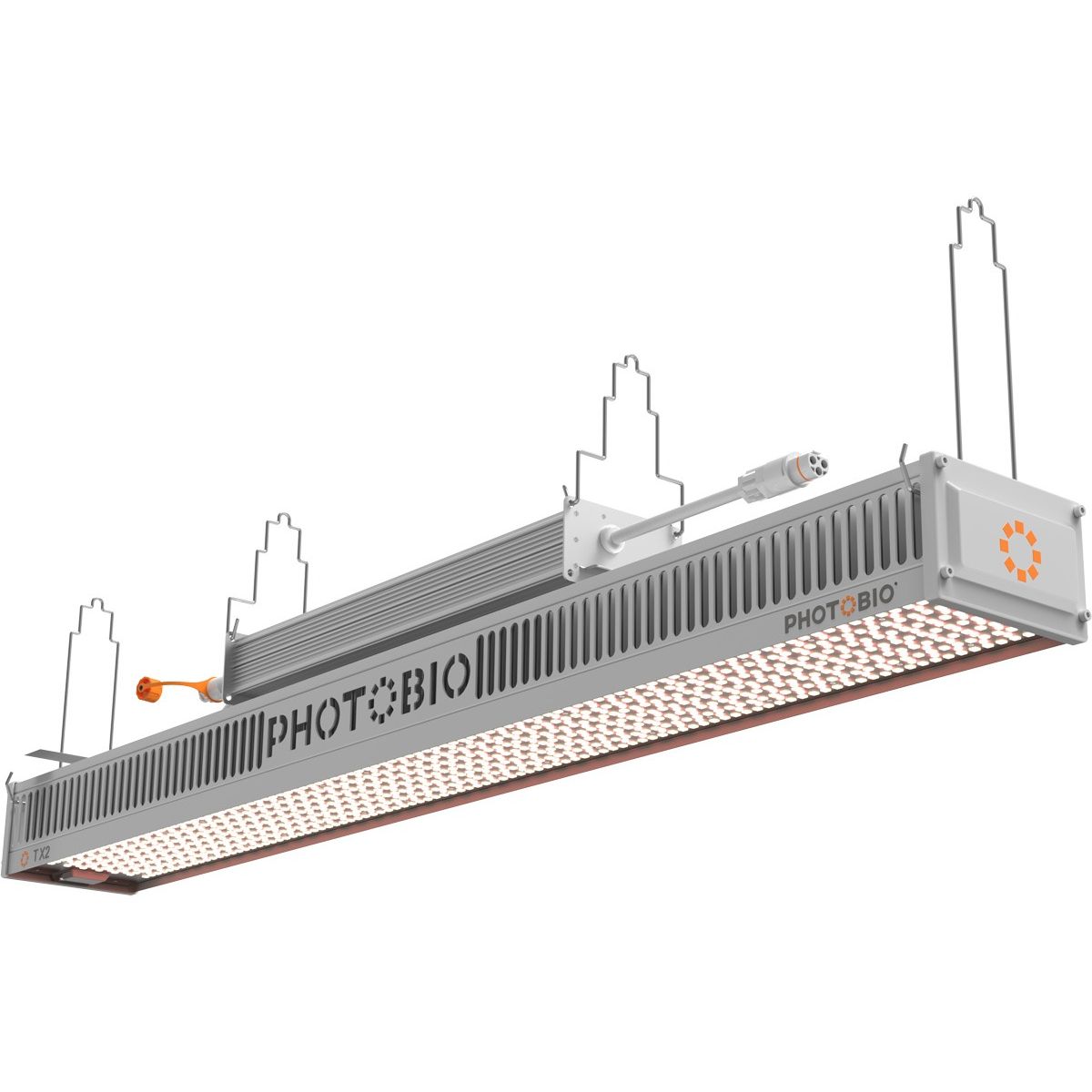 PHOTOBIO TX2 LED grow light with orange logo, white housing, and array of white LEDs.