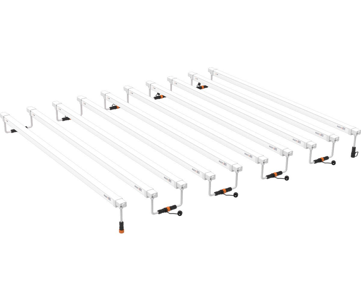 White LED grow lights with black cords, arranged diagonally.