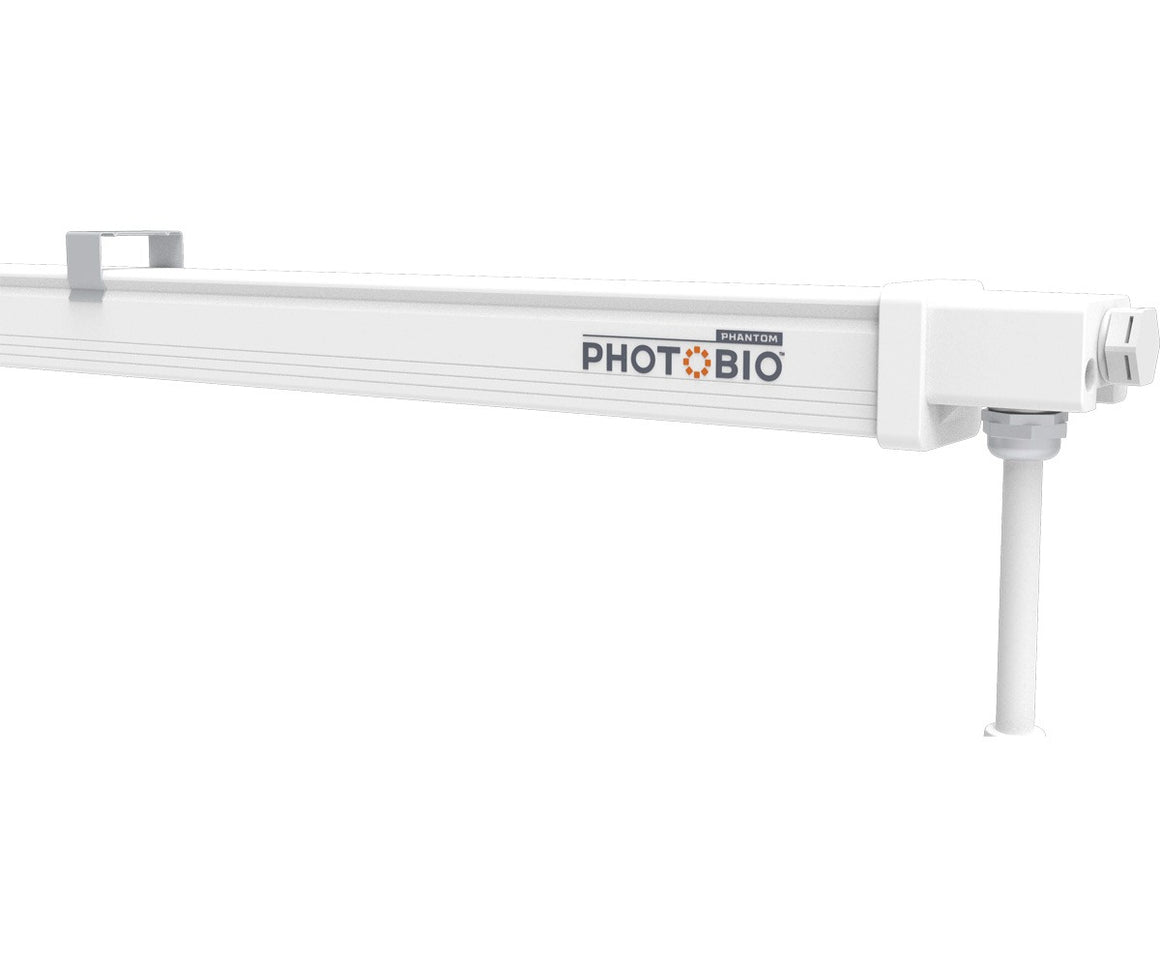 A white photobio LED light bar with "PHOTOBIO" and "PHANTOM" logos, with a down-hanging pole.