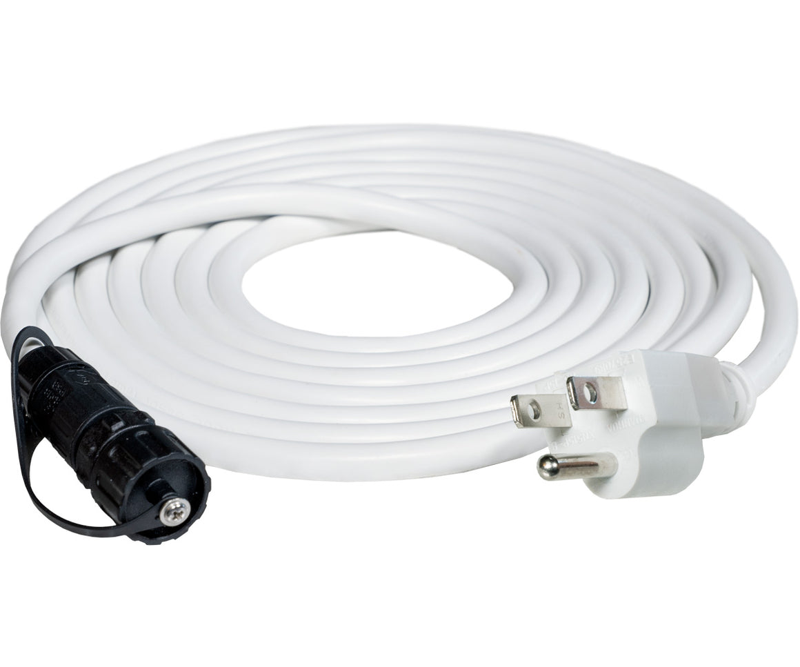 White extension cord with AC plug and a black female connector.