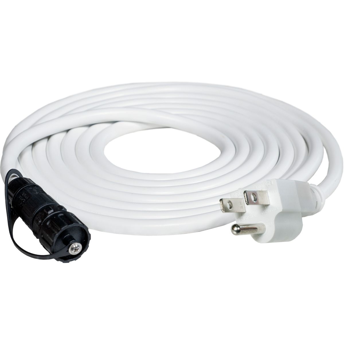 White extension cord with AC plug and a black female connector.