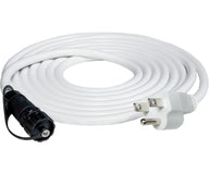 White extension cord with AC plug and a black female connector.