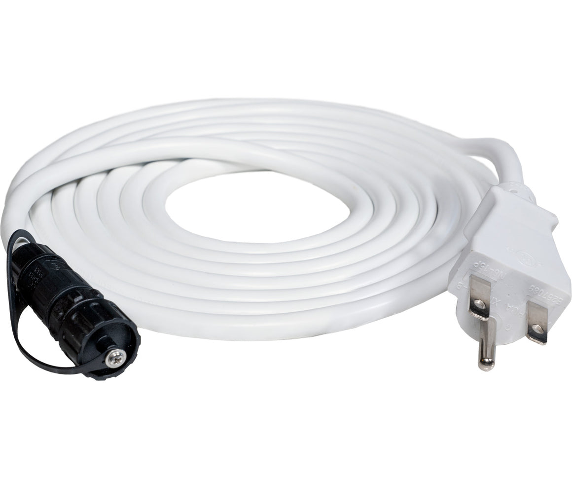 White 10ft extension cord with a female connector and a standard plug, coiled on a white background.