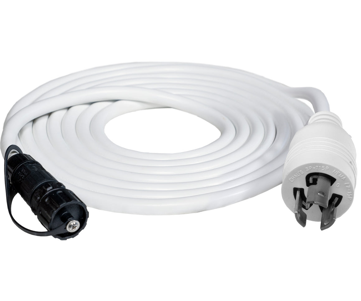 White 10ft 277V L7-15P power cable with black connector and white NEMA plug.