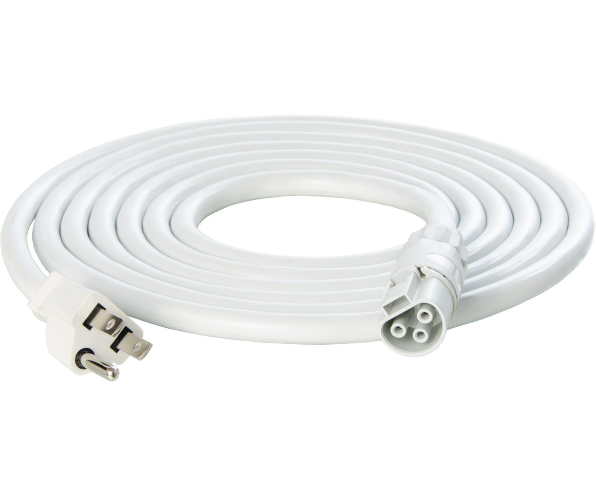 White 10ft power cord with NEMA 5-15P plug and 3-pin connector.