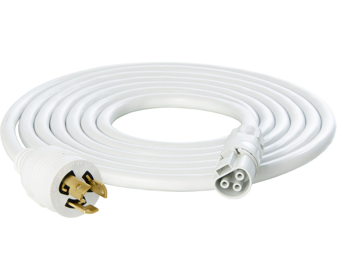 White 10ft 277V L7-15P power cable with L-shaped male plug and 3-pin female connector.