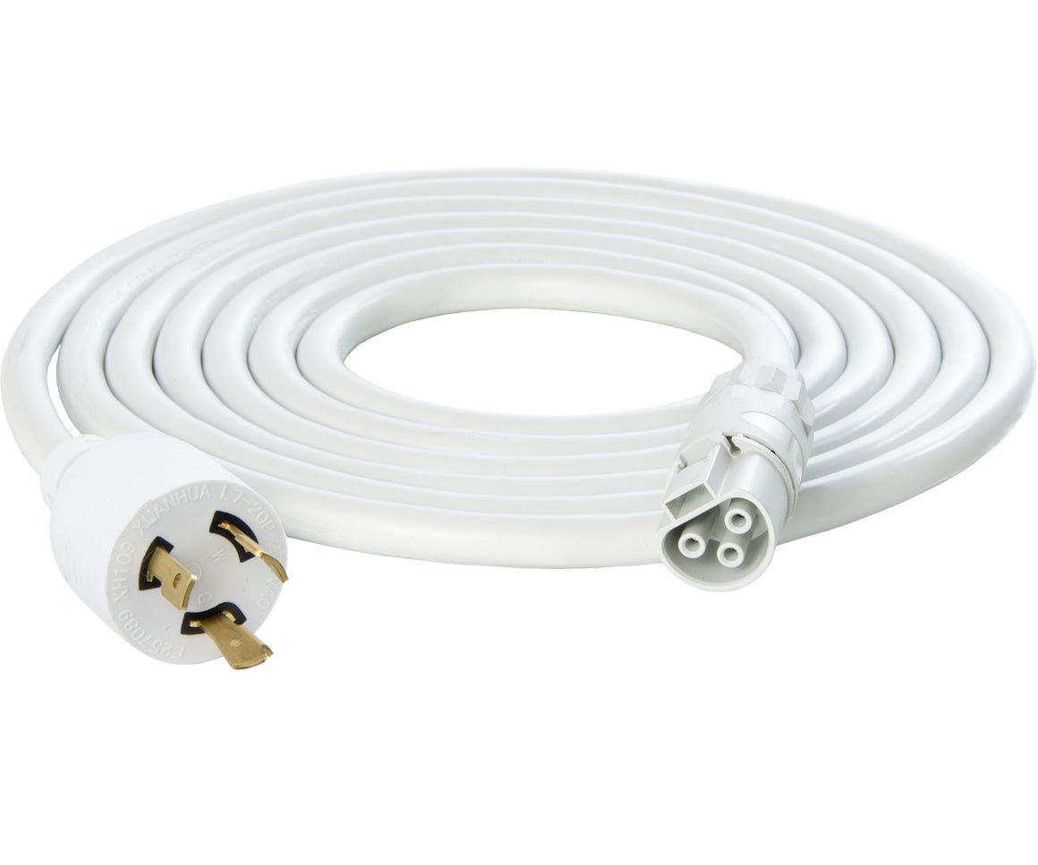 White 10ft 277V L7-20P power cord with twist-lock plug and receptacle.