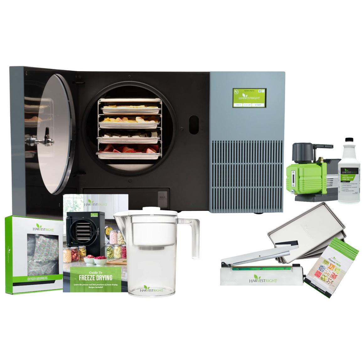 Pale blue Harvest Right freeze dryer with trays of food, vacuum pump, oil, and accessories.