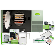 Harvest Right freeze dryer bundle: green appliance, vacuum pump, oil, trays, bags, filter, and guide.
