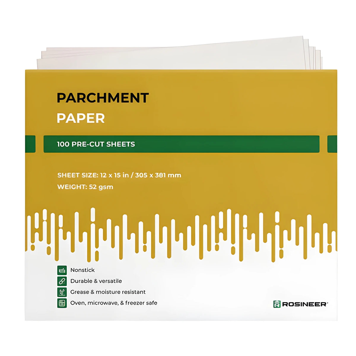 Stack of 100 white ROSINEER parchment paper sheets, 12x15 inches, pre-cut, nonstick, oven safe for baking.