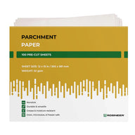 Stack of 100 white ROSINEER parchment paper sheets, 12x15 inches, pre-cut, nonstick, oven safe for baking.