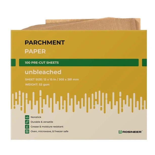 Yellow and green box of Rosineer 100 pre-cut unbleached parchment paper, 12x15 inch, nonstick & oven safe.