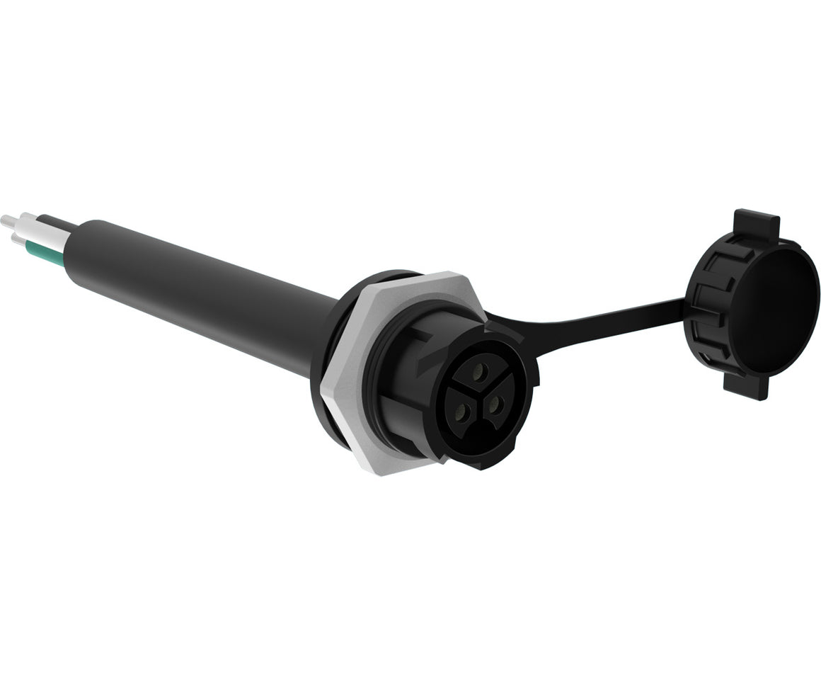 Black panel mount connector with 3 pins, attached cable with wires, and protective cap.