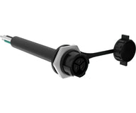 Black panel mount connector with 3 pins, attached cable with wires, and protective cap.
