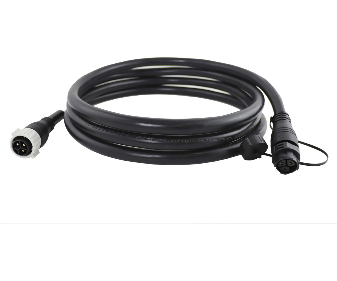 Black AC power link cable with white and black connectors on a white background.