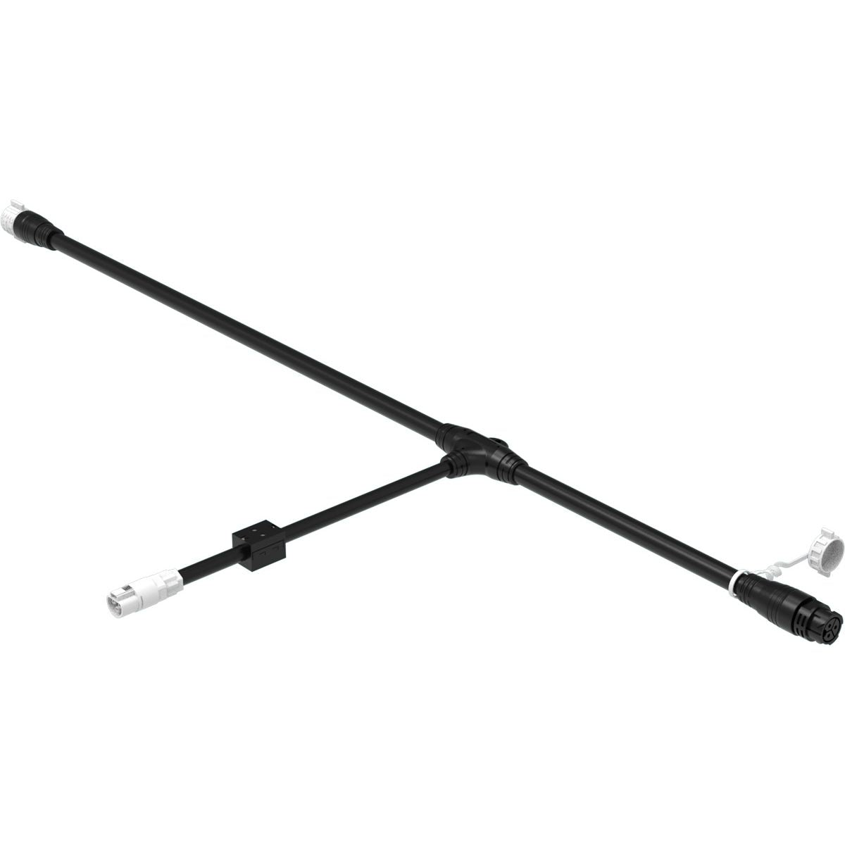 Black T-cable with three connectors: one at the end of a short branch, and two at the ends of longer branches.