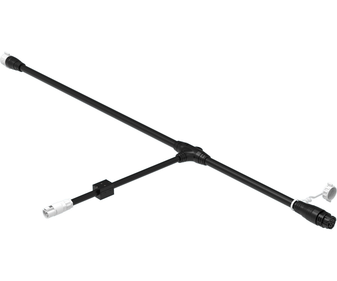 Black T-cable power splitter with white and black connectors, on a white background.