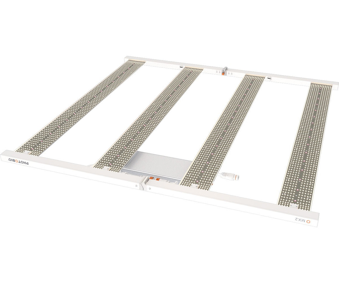Photobio MX2 LED grow light with white frame and multiple LED bars on a white background.