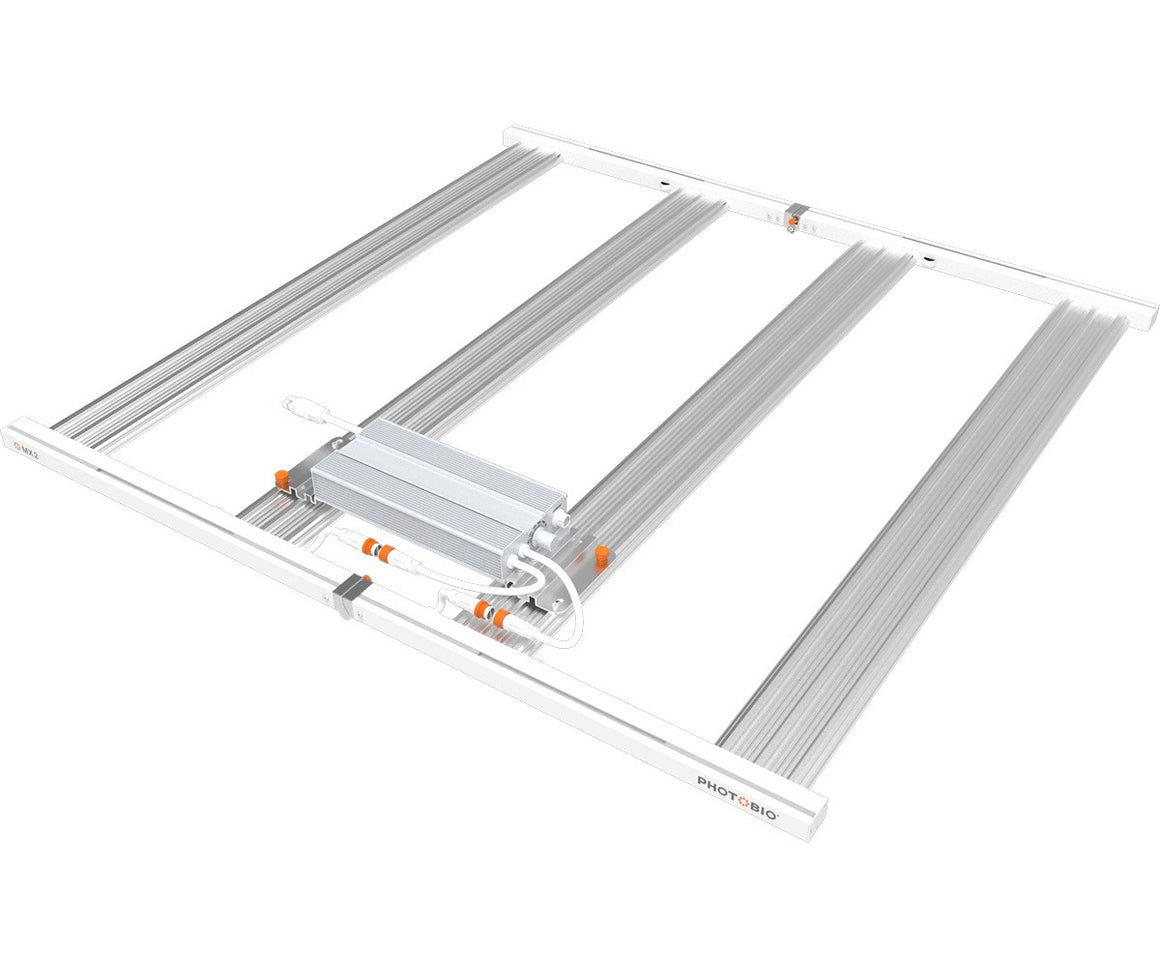 Photobio MX2 680W LED grow light with silver heat sinks and white frame.