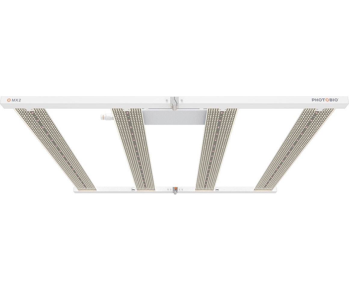 White Photobio MX2 LED grow light with four LED panels, designed for plants.