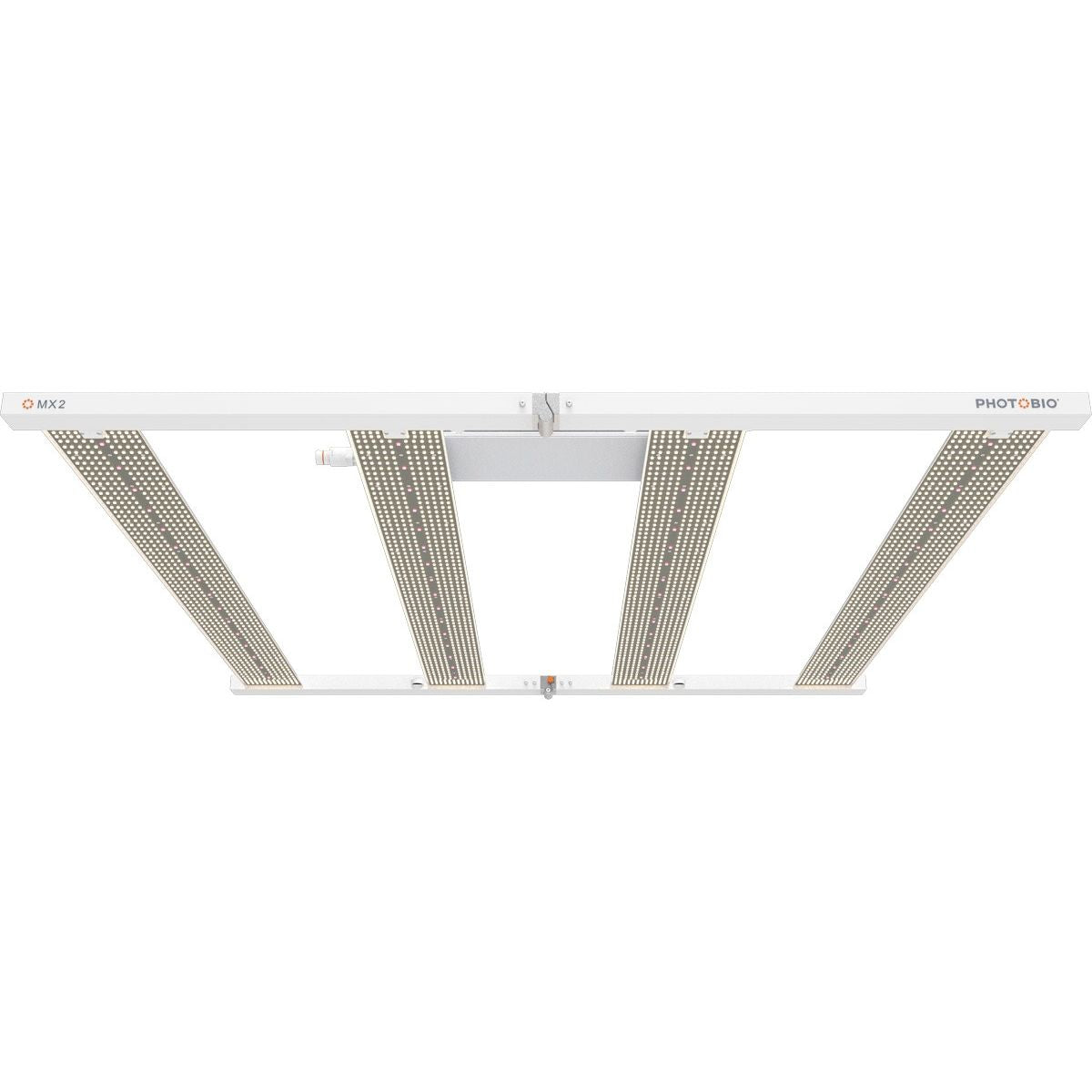 White Photobio MX2 LED grow light with four LED panels, designed for plants.