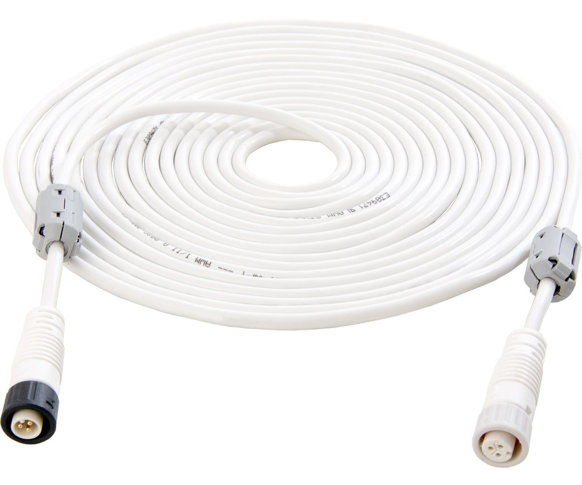 White coiled cable with grey and black connectors on white background.