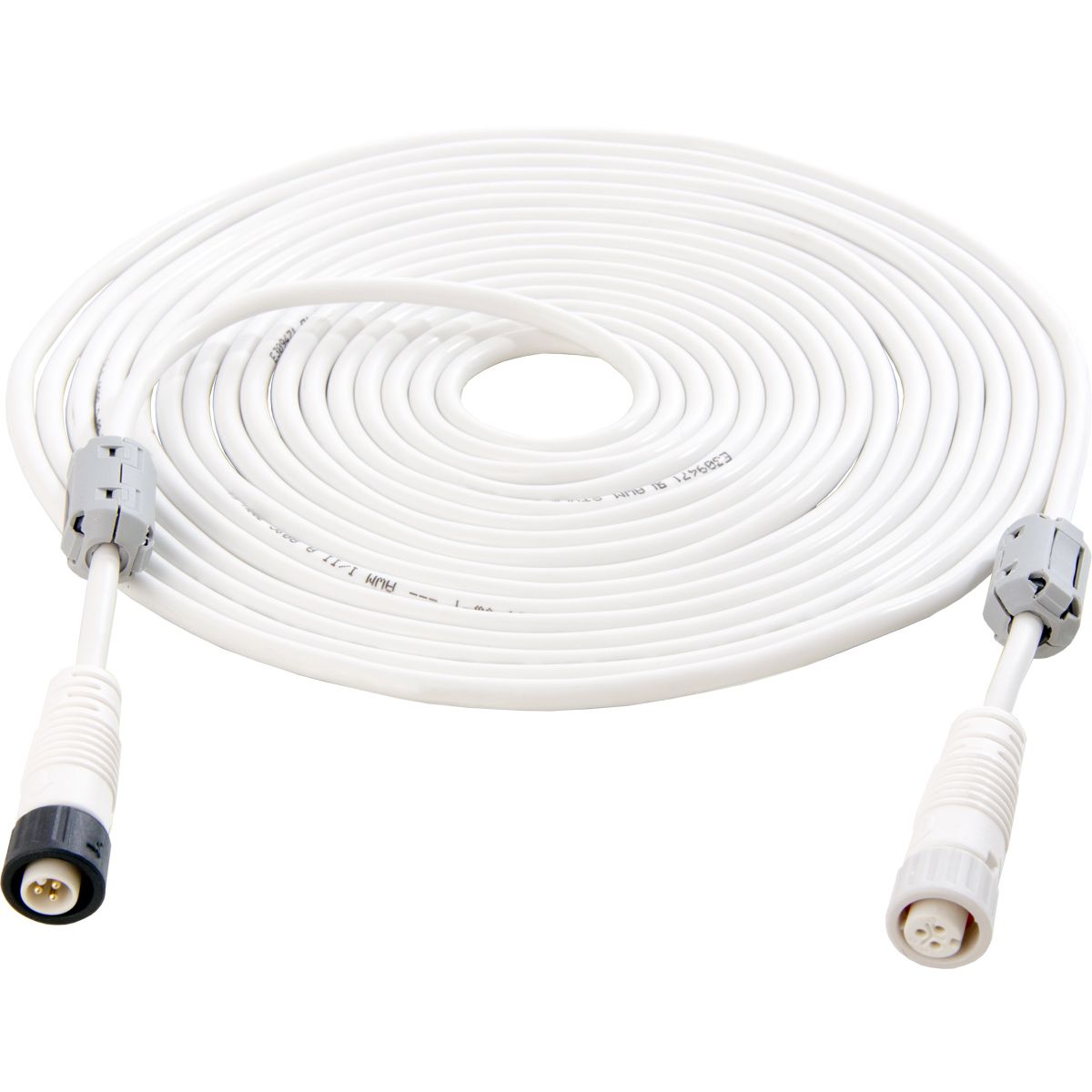 White coiled cable with grey and black connectors on white background.