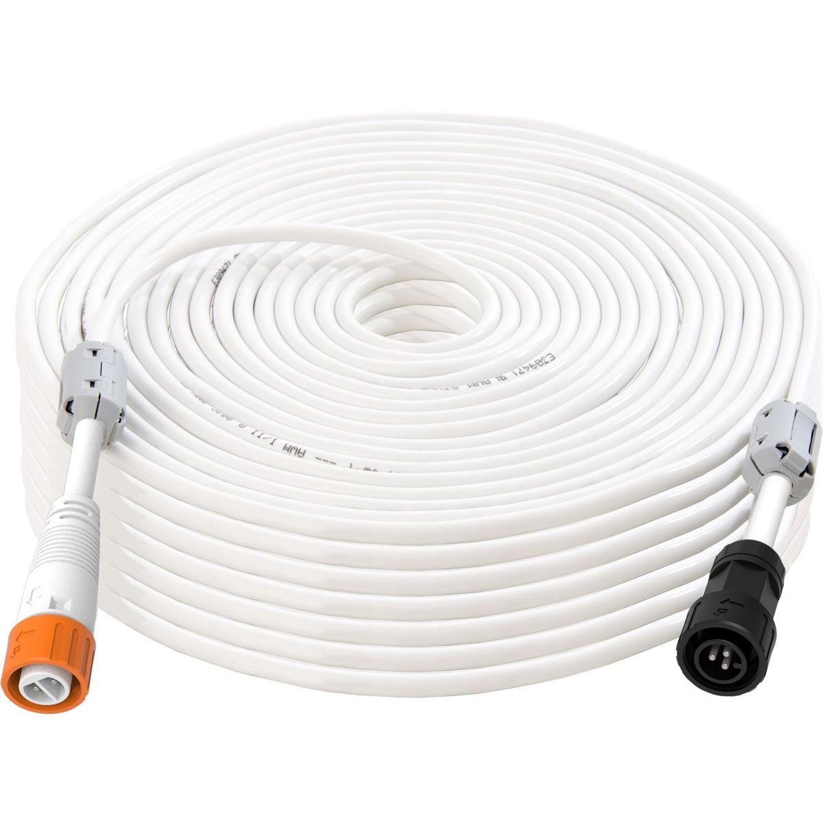 White coiled 18AWG 300ft 0-10V control cable with gray and black connectors, and an orange connector detail.
