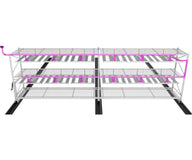 A multi-tiered shelving unit with pink lights and plants on each level.