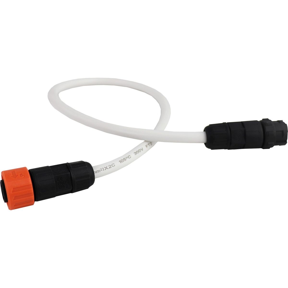 White power cable with black and orange connectors, 18AWG, 105°C, 300V.