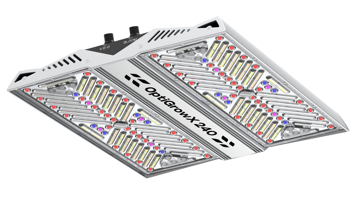 Phovivis OptiGrow X240 LED grow light with Veg and Bloom settings, array of cool white, red, and blue diodes.