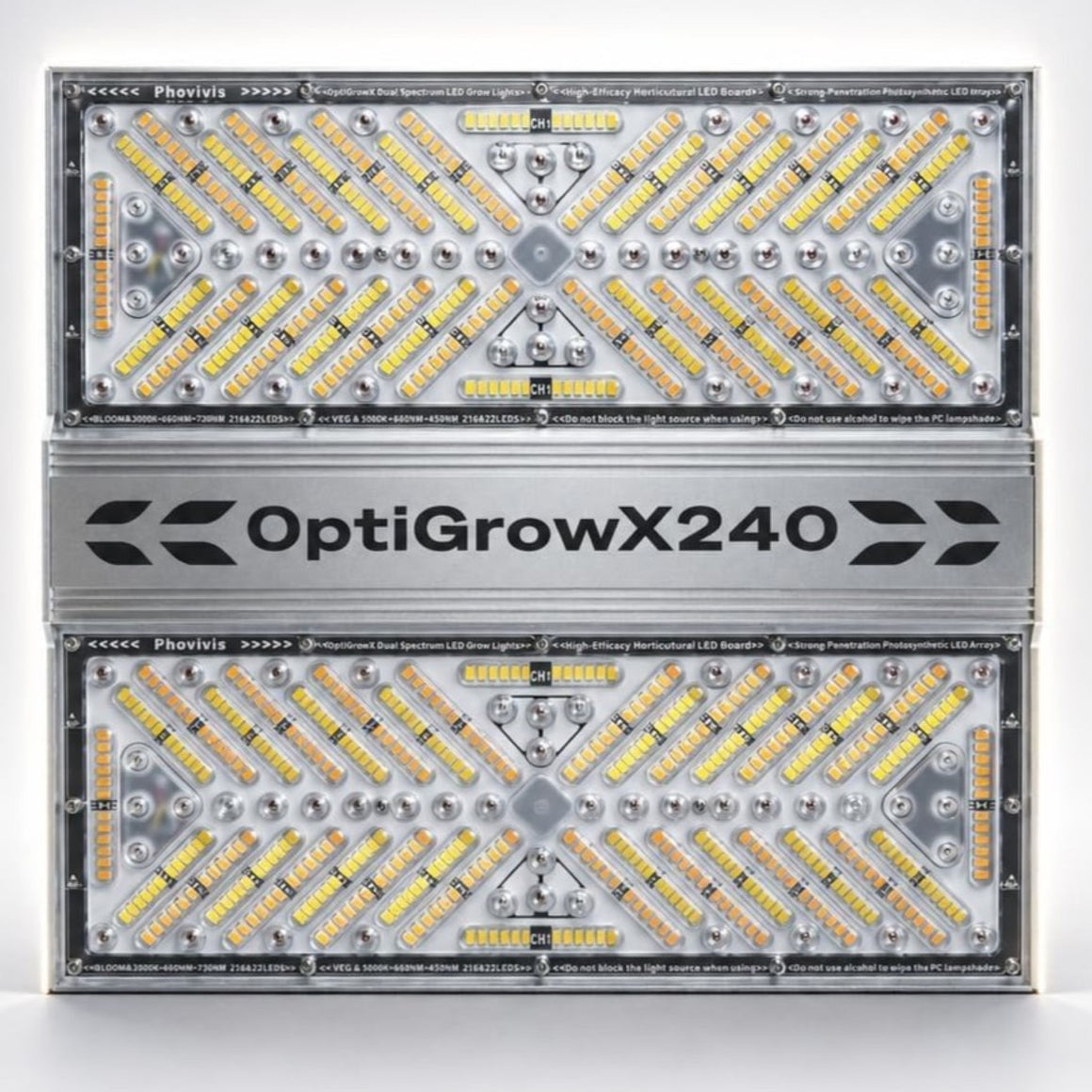Phovivis OptiGrow X240 LED grow light with dual spectrum boards and array of white and amber LEDs.