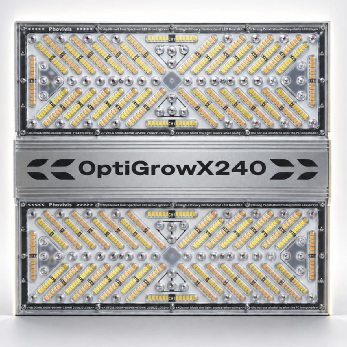 Phovivis OptiGrow X240 LED grow light with dual spectrum boards and array of white and amber LEDs.