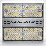 Phovivis OptiGrow X240 LED grow light with dual spectrum boards and array of white and amber LEDs.