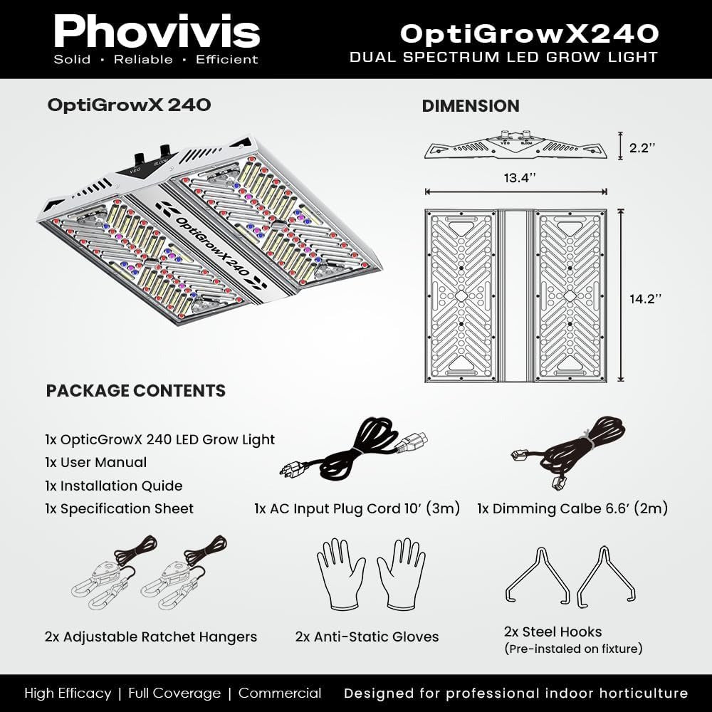 Phovivis OptiGrowX240 LED grow light: package contents, dimensions, and features.