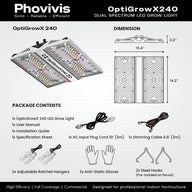 Phovivis OptiGrowX240 LED grow light: package contents, dimensions, and features.