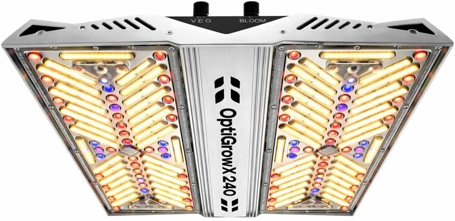 OptiGrow X240 LED grow light with white, red, and blue diodes, aluminum housing, and "VEG" and "BLOOM" switches.