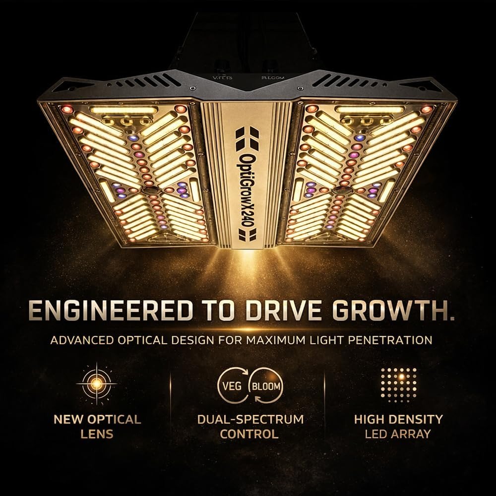 OptiGrow X240 LED grow light with dual-spectrum control, new optical lens, and high-density LED array.