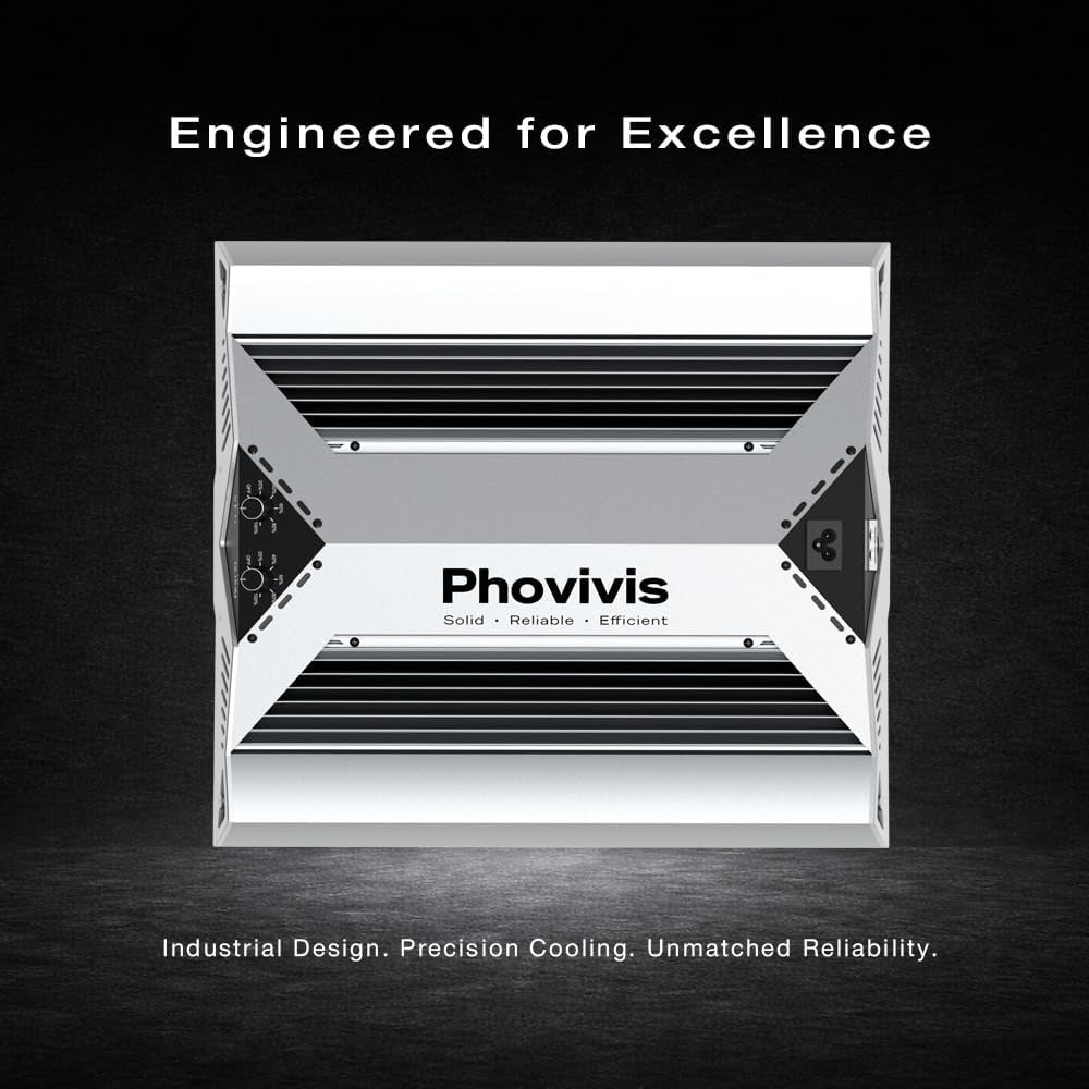 Phovivis OptiGrow X240 LED grow light, sleek silver design, emphasizes industrial, precision cooling, and reliability.