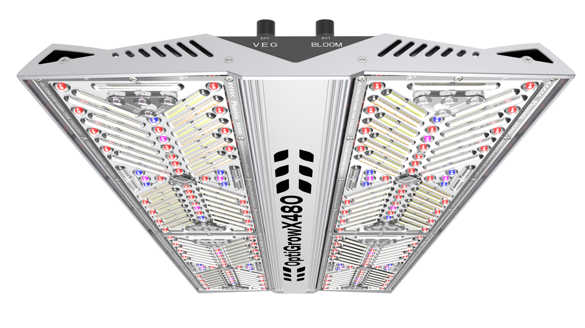 Phovivis OptiGrow X480 LED grow light with Veg and Bloom settings, featuring red, blue, and white diodes.
