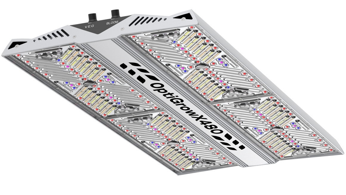 OptiGrowX480 Phovivis dual spectrum LED grow light with veg & bloom switches, and multiple white, red, and blue LEDs.