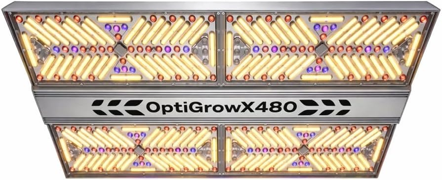 OptiGrow X480 LED grow light: a rectangular fixture with multiple rows of yellow, red, and blue diodes.