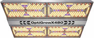 OptiGrow X480 LED grow light: a rectangular fixture with multiple rows of yellow, red, and blue diodes.