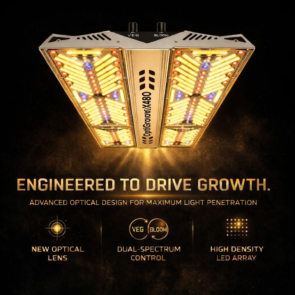 OptiGrow X480 LED grow light, engineered for growth with advanced optical design, dual-spectrum control, and high-density LED array.
