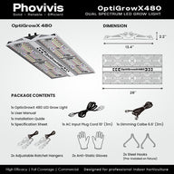 Phovivis OptiGrowX480 LED grow light: dimensions, package contents, and specifications.