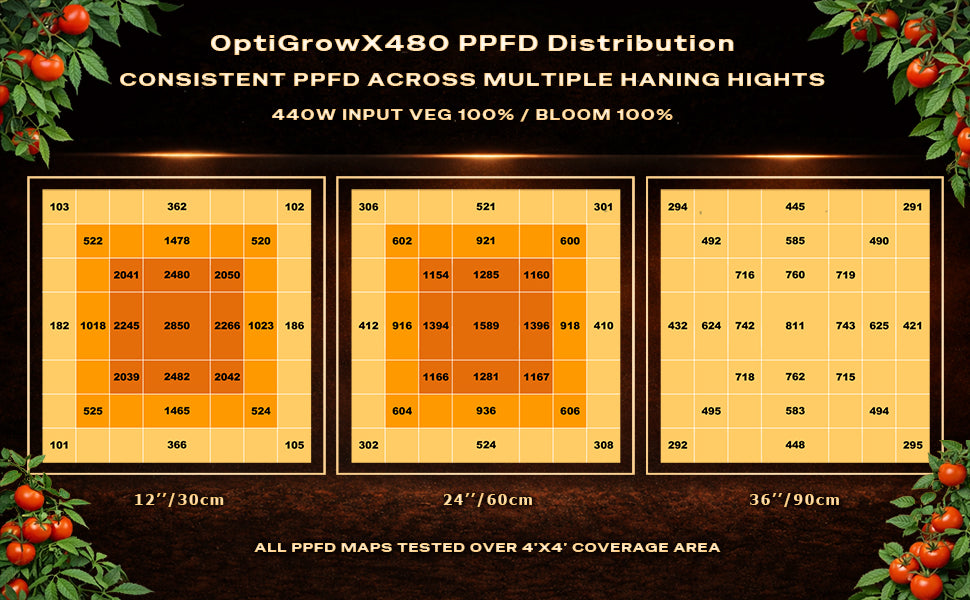 OptiGrow X480 LED grow light PPFD distribution maps at 12", 24", and 36" heights.