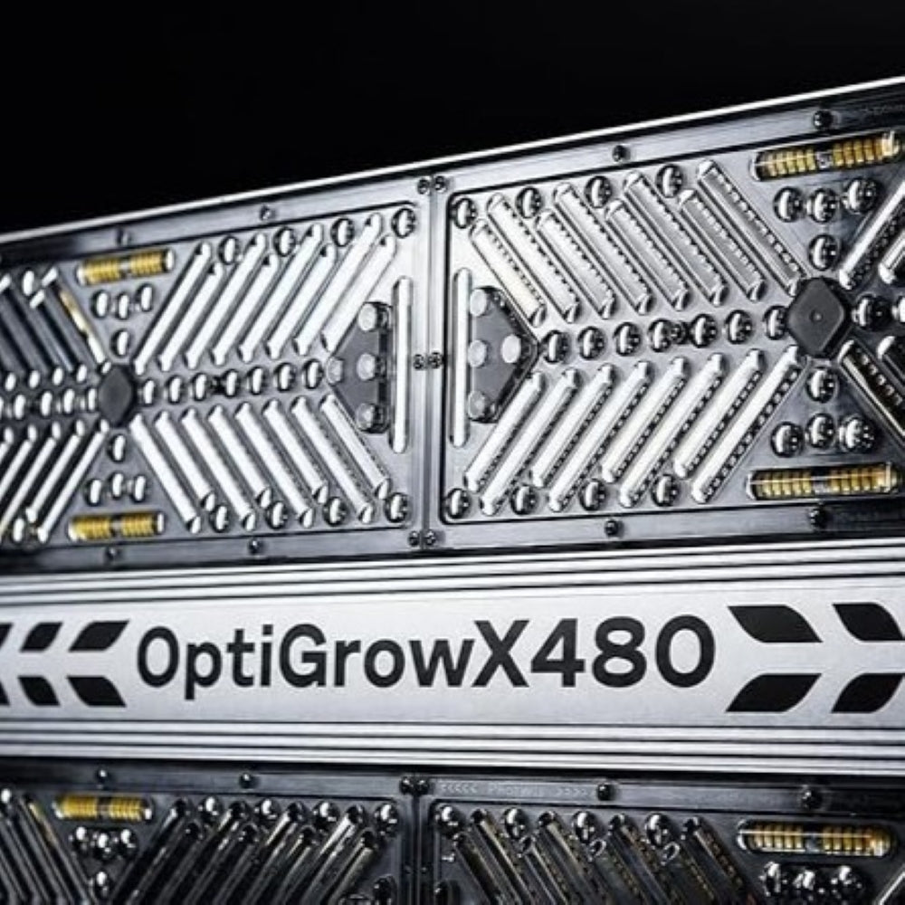 OptiGrowX480 LED grow lights with a metallic, textured surface and a black background.