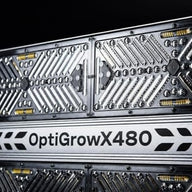 OptiGrowX480 LED grow lights with a metallic, textured surface and a black background.